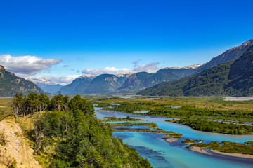 Landscape of river Murta valley with beautiful mountains view, Patagonia, Chile, South America