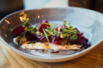 beetroot salad, cream cheese and micro greens