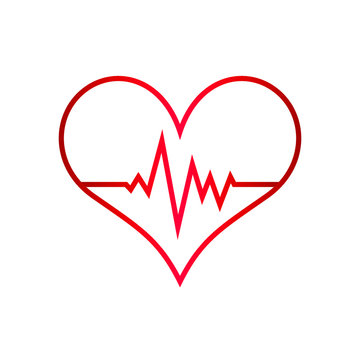 Heart illustration with pulse inside. Red line art on white background. Illustration for valentines day, love or healthcare and medical companies. Heartbeat icon for cardiology. Vector image