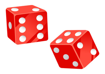 Casino gambling elements vector, isolated red dice with dots flat style. Tossing cubes to see result, betting and playing on money in gambler place