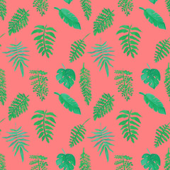 Seamless pattern with watercolor leaves of tropical plants.