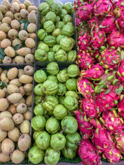 Mammee apple, guava and red dragon fruit in hypermarket