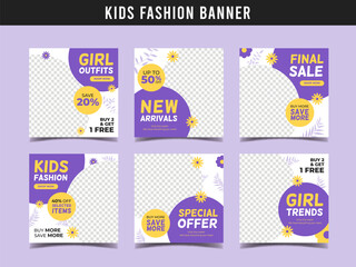 Kids fashion sale square banner template with flowers illustration. Promotional banner for social media post, web banner and flyer
