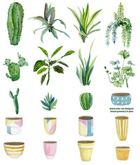 Watercolor green house plants illustration. Set designer house greenery illustration elements in pots for greetig card, banner, invintation template and design print tshirt.