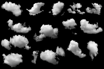 Set  group of white clouds  on isolated elements black background.