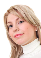 Portrait of a young  beautiful blonde woman looking at camera isolated on white background