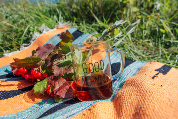 Tea in a clear cup and a branch of viburnum on the carpet outdoors.