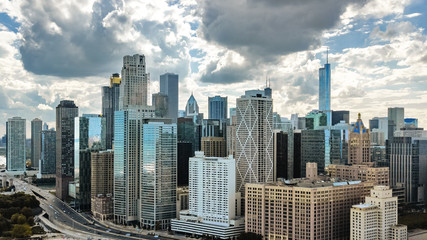 Chicago skyline aerial drone view from above, city of Chicago downtown skyscrapers and lake Michigan cityscape, Illinois, USA