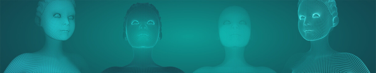 3d vector portrait of a beautiful young girl with hairstyle, set of angles on a green background