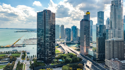 Chicago skyline aerial drone view from above, city of Chicago downtown skyscrapers and lake Michigan cityscape, Illinois, USA - obrazy, fototapety, plakaty