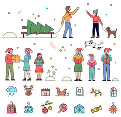 Fototapeta premium Christmas and winter holidays vector, isolated set of people and icons. Man with pine tree greeting character walking dog. Gift exchanging and caroling family. Sign of cloud and cup of tea flat style