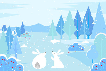 Fototapeta na wymiar Bunnies sitting at snowy ground of winter forest. Hares at woods with spruce pine trees and bushes with red berries. Fluffy animals surrounded by nature. Rabbit looking at mountains, vector in flat