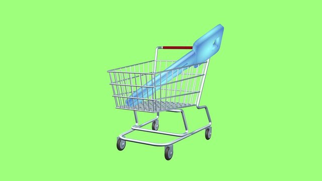 The virtual sign of the key and a grocery basket as a symbol of trade. Animation of sale and purchase of access password. Green screen isolated. Render 3D animation.