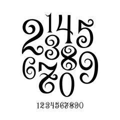 Vintage style numbers. Hand drawn set of ten numbers from zero to nine. Hand lettering retro style numbers vector set. 