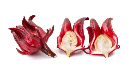 Roselle, Hibiscus sabdariffa red fruit flower on a white background.