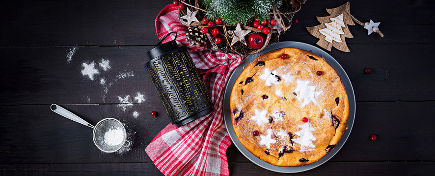 Christmas Fruit Cake, Pudding On Dark Table. Top View, Overhead, Banner