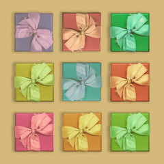 Collection of nine gift boxes, colorful boxes, blue, red, orange and yellow boxes