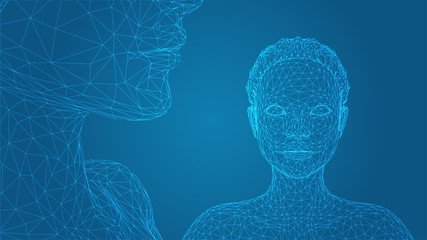 3d vector portrait of a beautiful young girl with hairstyle, set of angles on a blue background