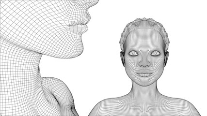 3d vector portrait of a beautiful young girl with hairstyle, set of angles on a white background