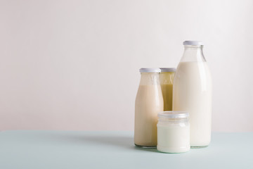 Dairy products organic probiotic fermented milk products glass bottles. Fermented kefir yogurt products. Healthy eating