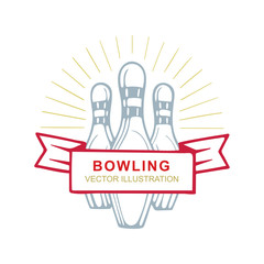 Bowling. Bowling pins with banner and shining rays hand drawn vector illustrations set. Bowling pin sketch drawing. Part of set. 