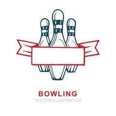 Bowling. Bowling pins with banner hand drawn vector illustrations set. Bowling pin sketch drawing. Part of set. 