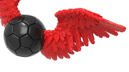 Black soccer ball with the red Wings under white background. 3D illustration. 3D high quality rendering.