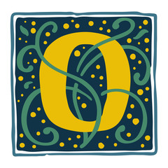 Renaissance O letter logo in dim vintage colors.