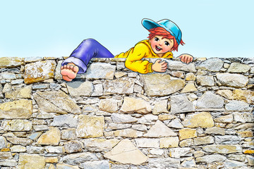 Junge Teenager klettert barfuß über Mauer Feldsteine blauer Himmel Sommer Schirmmütze Basecap lächeln Lachen lustig Freude Neugier Vorlage Erkundung erkunden entdecken forschen herausfinden Freizeit