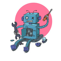 Hand drawn Brocken Robot Isolated on White background Vector