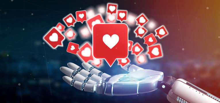Cyborg hand holding a Like notification on a social media 3d rendering
