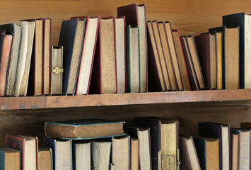vintage books on wooden shelf.