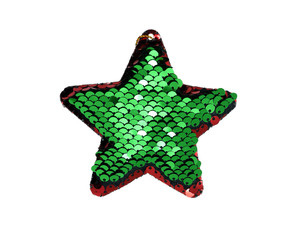 Photo of a star shaped Christmas tree decoration covered with sparkling green sequins and red sequins on the contour, isolated on white background.
