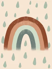  Gestileerde kleurrijke regenboog en regendruppels. Trendy baby design voor verjaardagsuitnodiging of babyshower, poster, kleding, kinderkamer kunst aan de muur en ansichtkaart. Hand getekend getextureerde illustratie. © YulianaHoncharuk