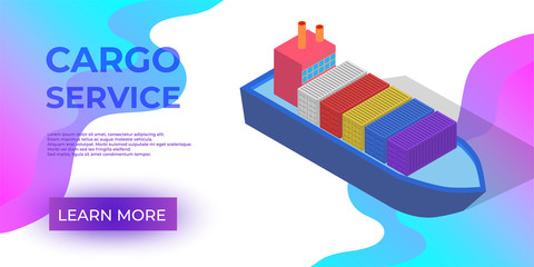 Isometric Cargo Ship with Container Flat Design. Delivery Service. Vector