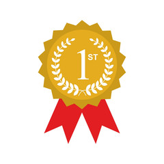 Award ribbon gold icon. Golden medal design isolated on white background. Symbol of winner celebration, best champion achievement, success trophy seal. Blank rosette element Vector illustration