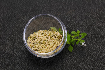 Peeled hemp seeds in the bowl