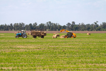 Tractor loading hay bales on truck agricultural works