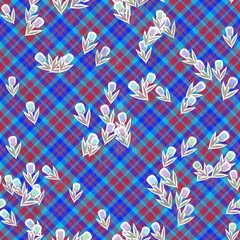 Red blue checkered seamless design with stylized tulip flowers