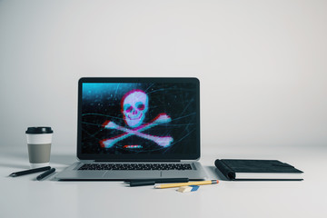 Laptop closeup with cyberpiracy drawing on computer screen. Data safety concept. 3d rendering.