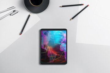 Digital tablet closeup top view with financial graph and partial world map on screen. Online international trading application concept. 3d rendering.