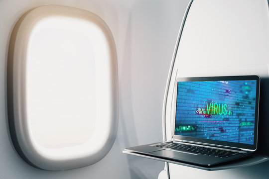 Laptop closeup inside airplane with hacking theme pic on screen. Data safety concept. 3d rendering.