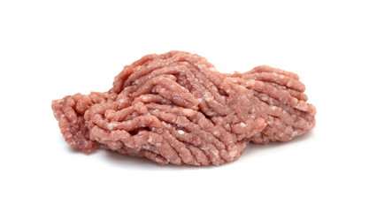 Minced meat, pork, beef, forcemeat, clipping path, isolated on white background. Raw ground beef meat in closeup on white background.