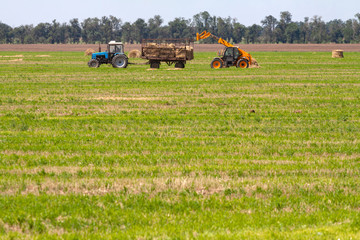 Tractor loading hay bales on truck agricultural works