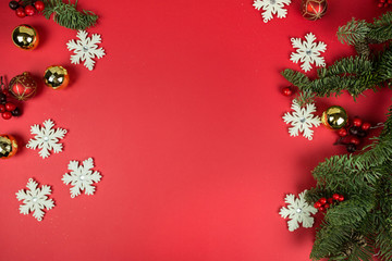 Christmas background with eve and snowflakes on red background