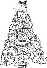 Objects and symbols of the new year, shaped like a Christmas tree. Simple black  and white objects in the doodle art style . Vector illustration.