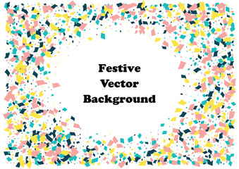 Festive color rectangle confetti background. Abstract frame confetti texture for holiday, postcard, poster, website, carnivals, birthday and children's parties. Cover confetti mock-up. Wedding card
