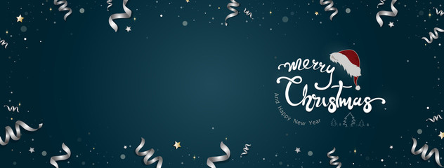 Merry Christmas and happy new year text on dark blue banner background