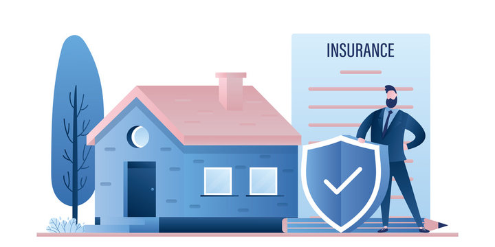Cottage or single house and man with insurance paper contract and safe shield.
