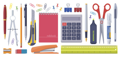Stationery set. School business items. Vector flat isolated illustration